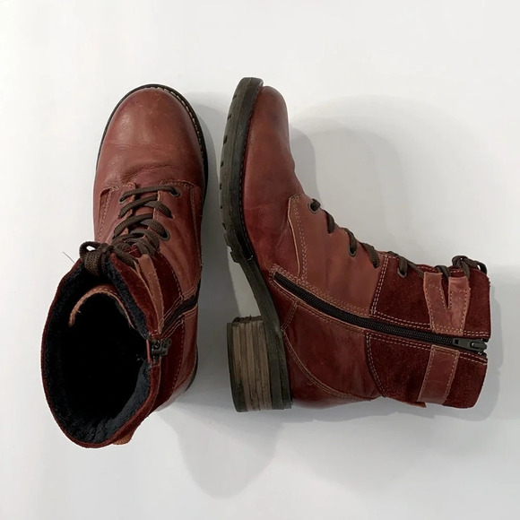 Dromedaris Women's Kara Combat Red Leather + Suede Lace-up Comfort Inside Zip - Picture 6 of 13